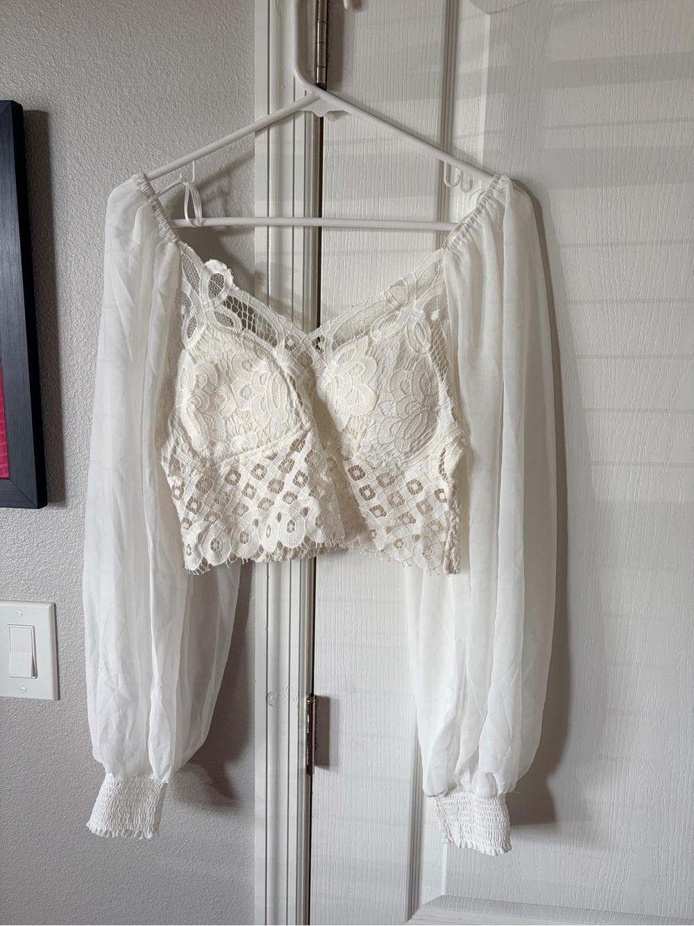 Women’s Cream Lace Crochet Crop Top with Sheer Balloon Sleeves- Flying Tomato